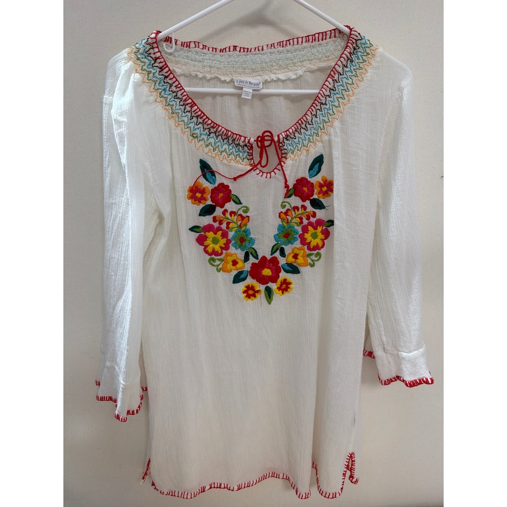 A Pea in the Pod Maternity Embroidered Floral Gauze Tunic Top White S/M